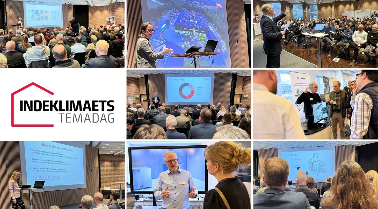 Collage med 9 billeder fra temadag, bestående af oplægsholdere på scene, publikum, folk der snakker sammen i pausen om teknik og indeklima